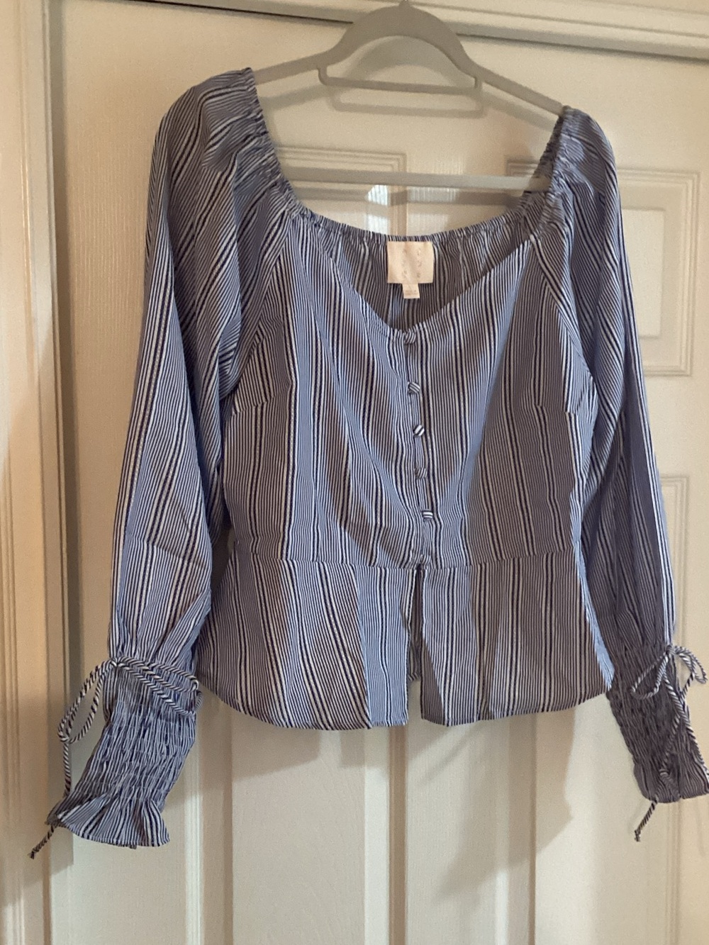 Striped Blue Button-Front Peasant Top